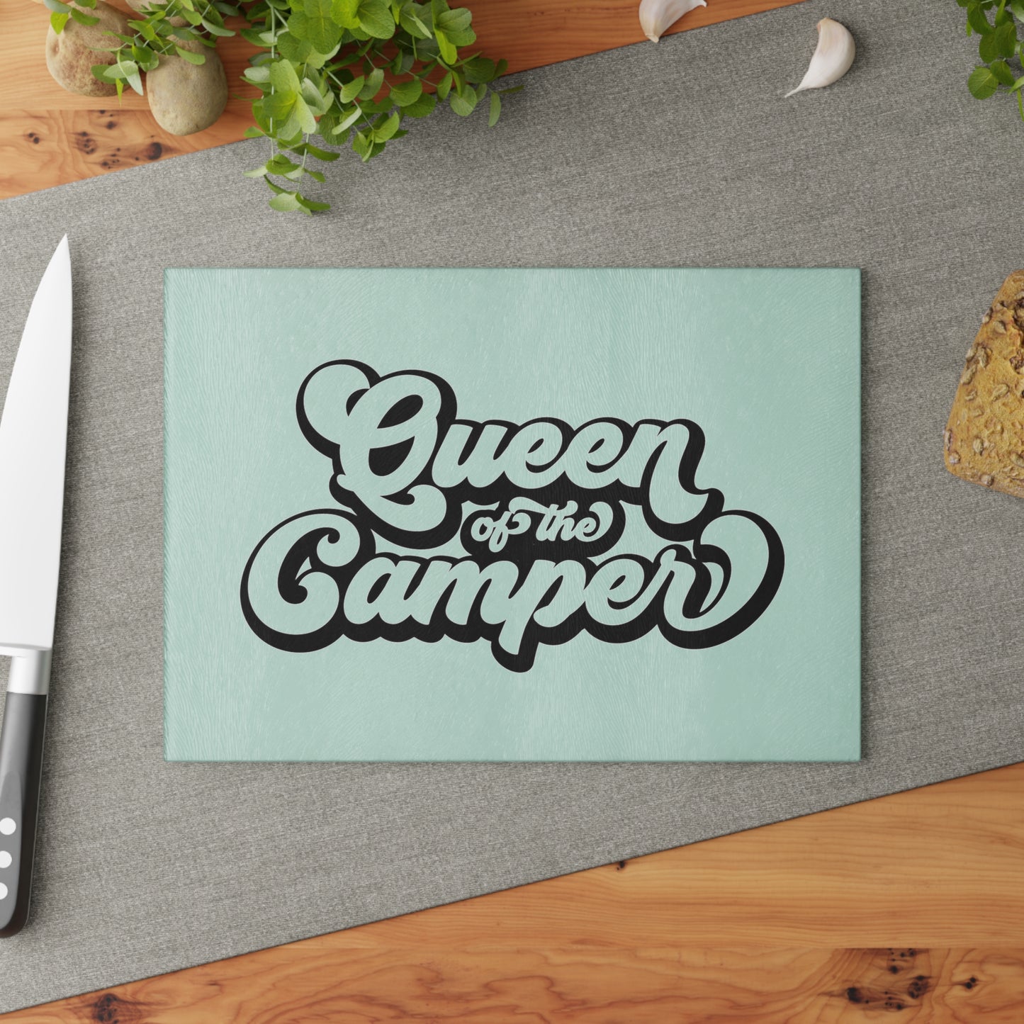 QUEEN OF THE CAMPER Glass Cutting Board