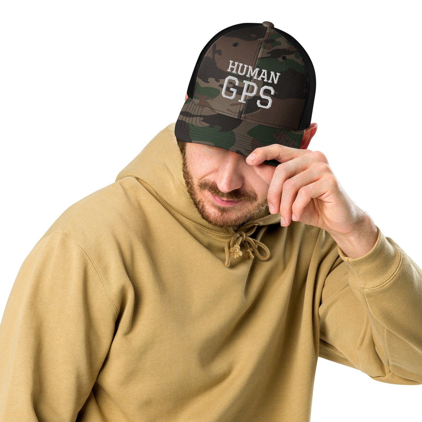 HUMAN GPS embroidered camo trucker hat