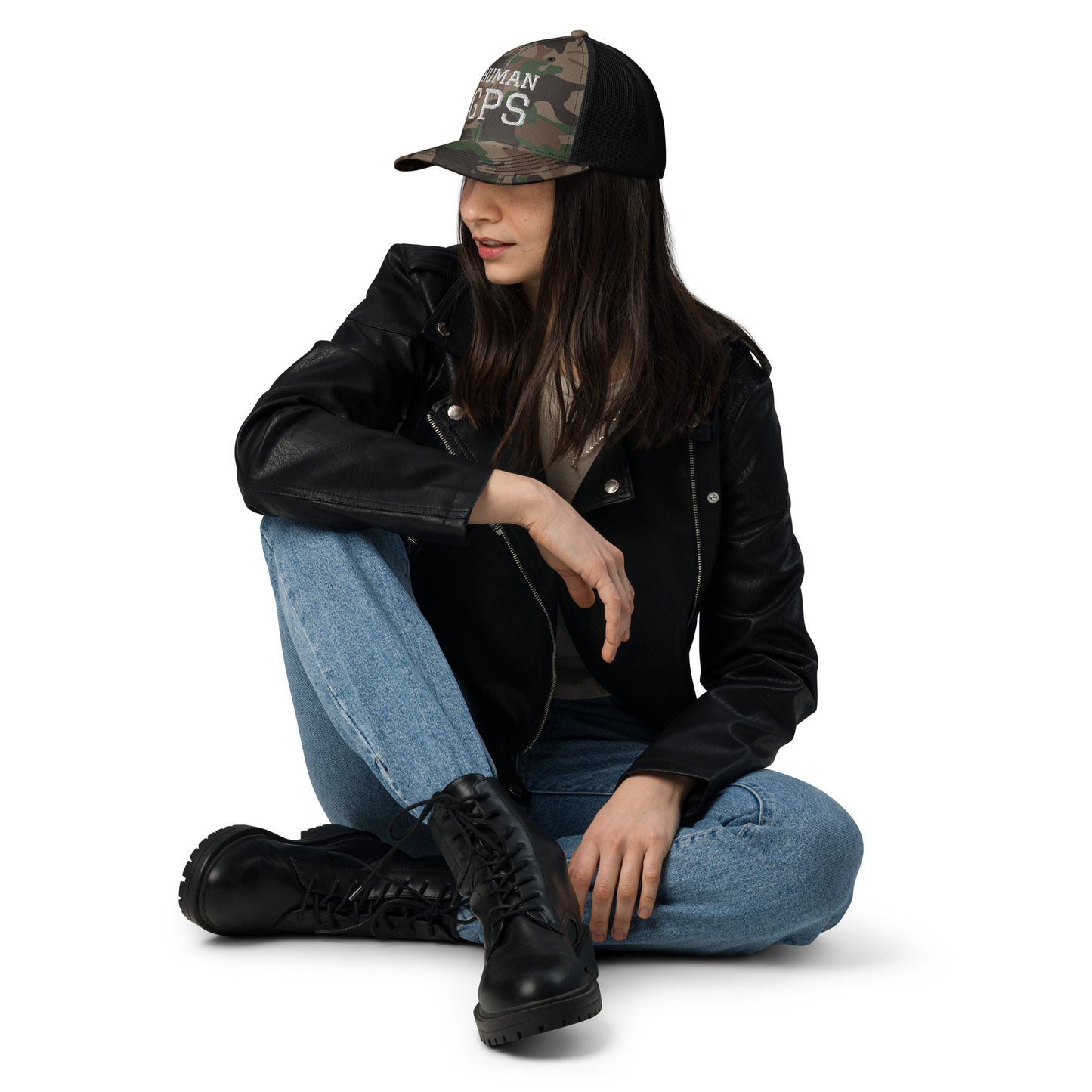 HUMAN GPS embroidered camo trucker hat