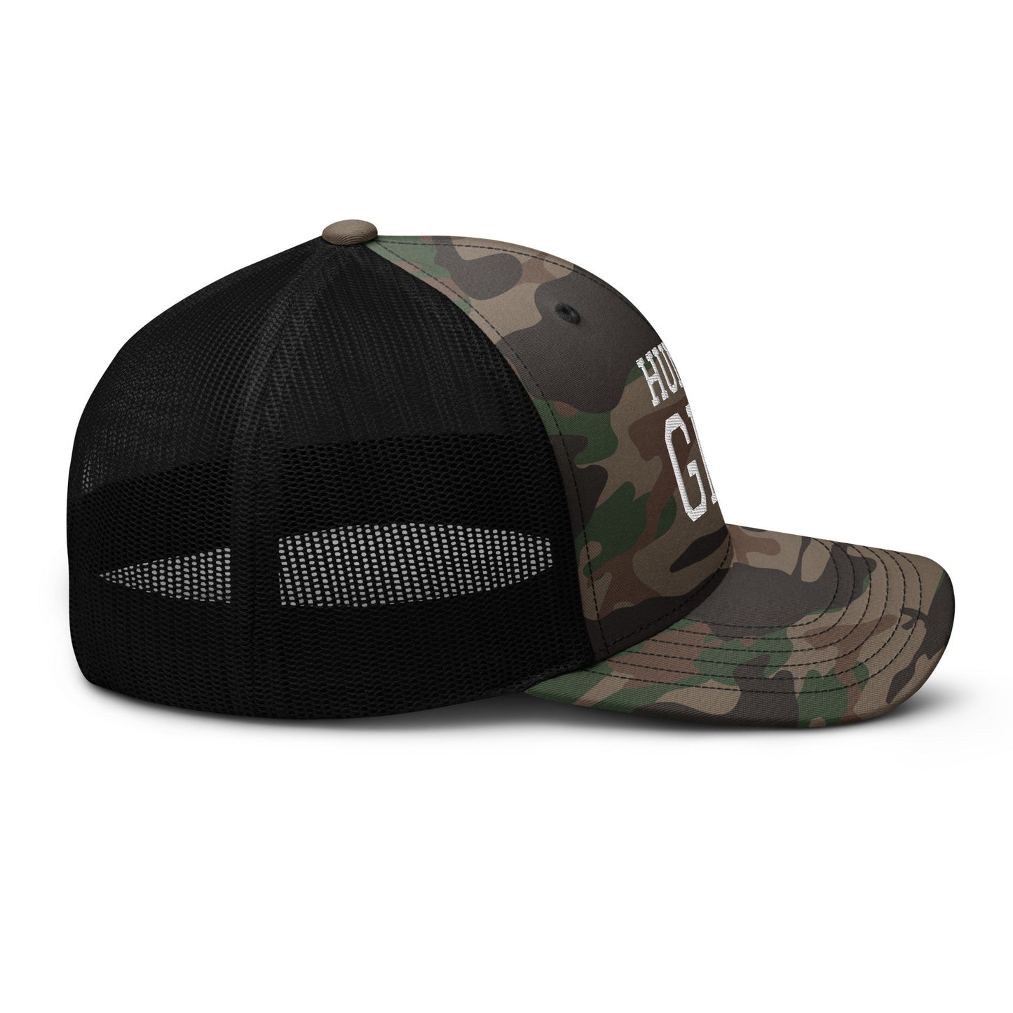 HUMAN GPS embroidered camo trucker hat