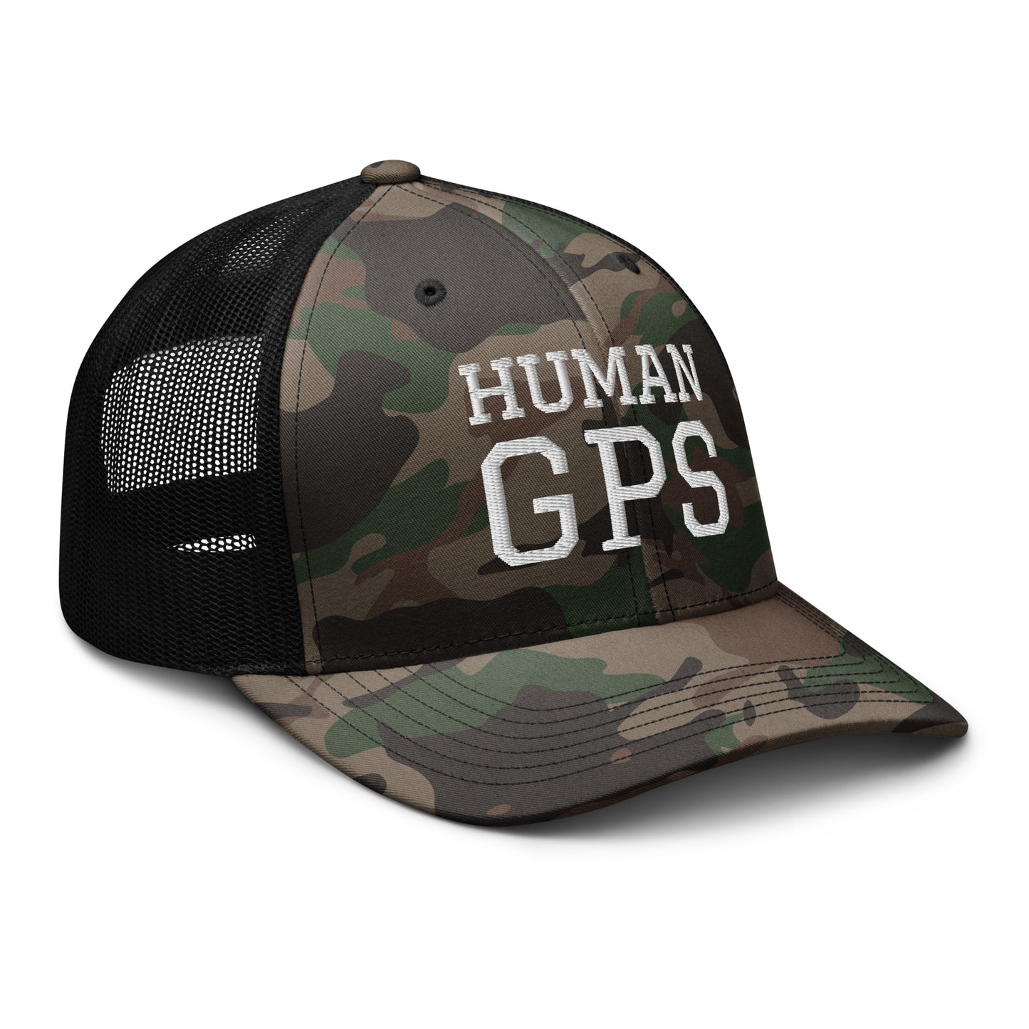 HUMAN GPS embroidered camo trucker hat