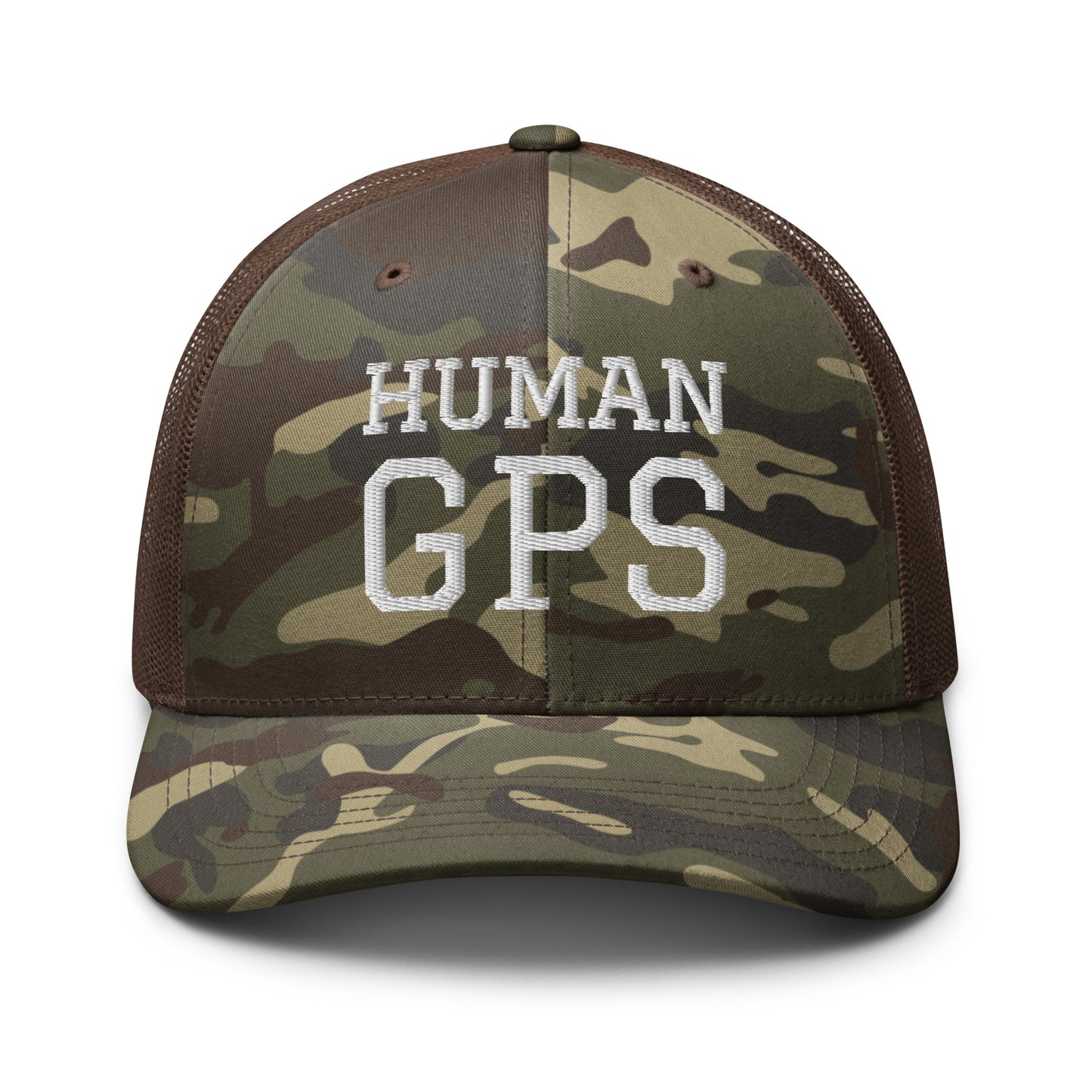 HUMAN GPS embroidered camo trucker hat