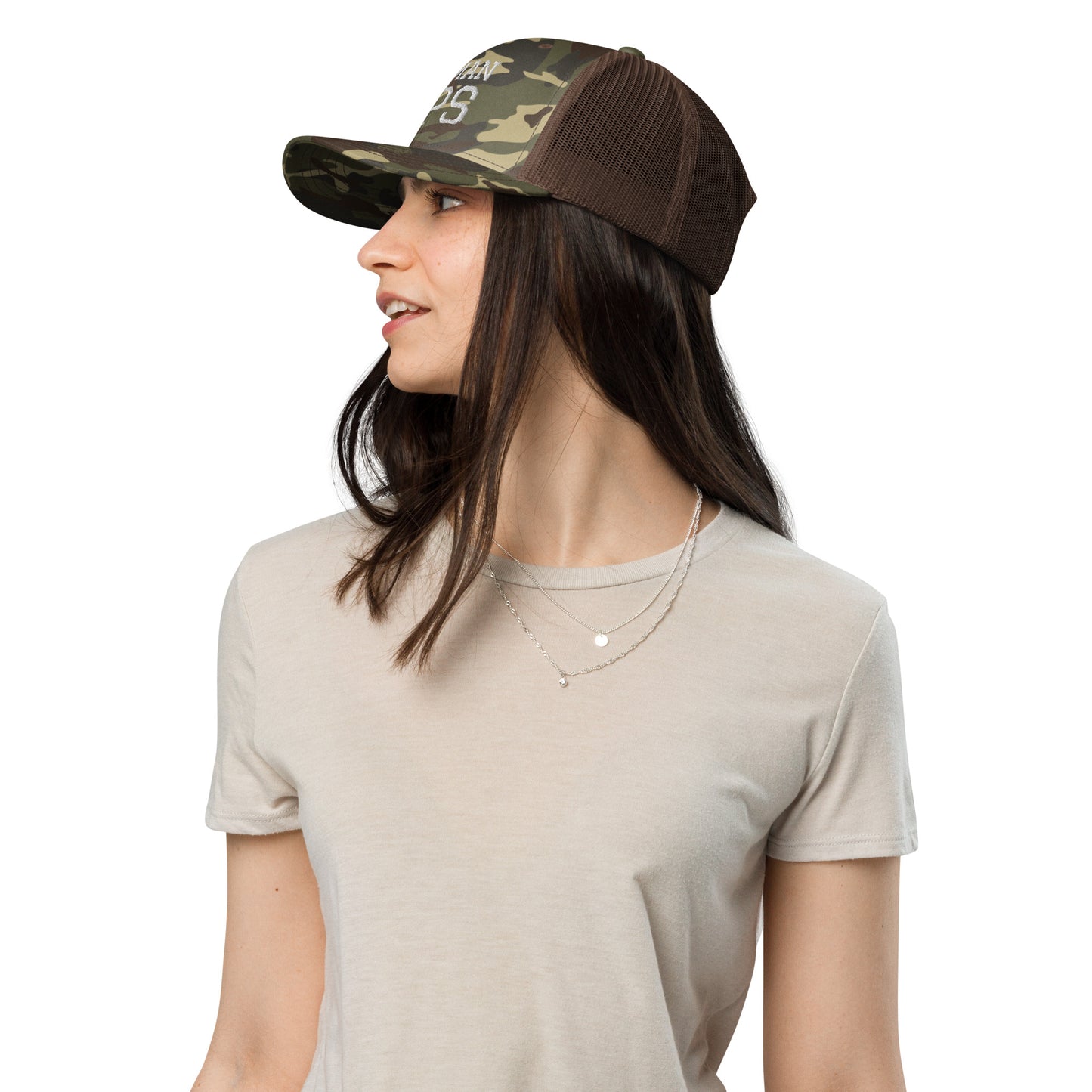 HUMAN GPS embroidered camo trucker hat