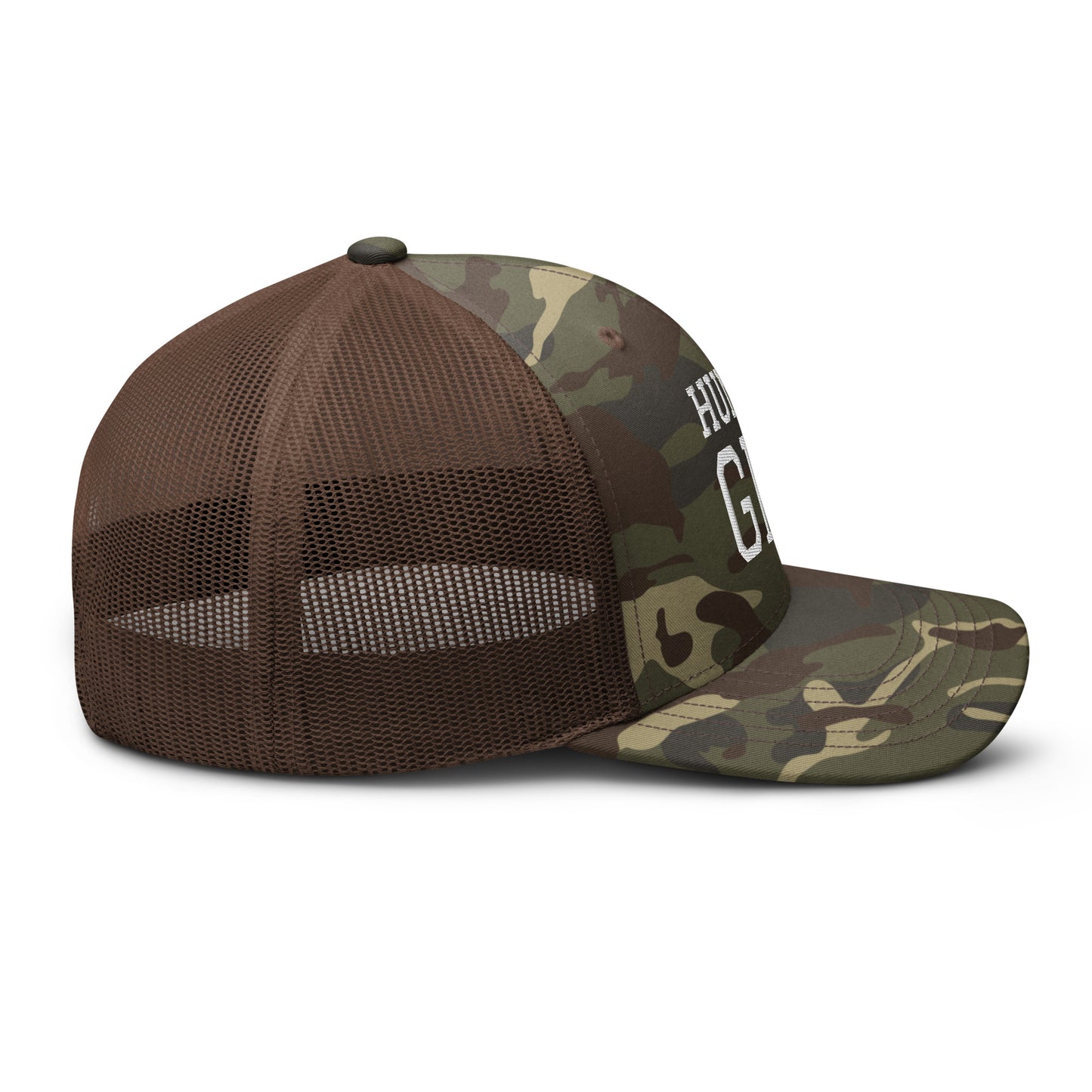 HUMAN GPS embroidered camo trucker hat