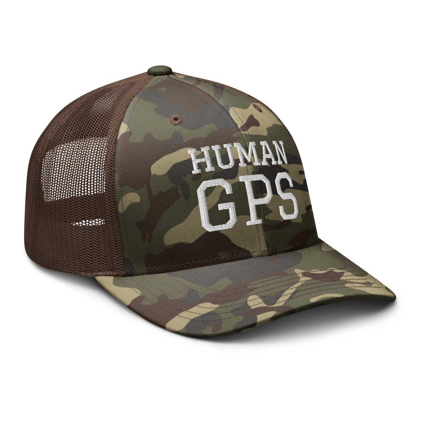 HUMAN GPS embroidered camo trucker hat