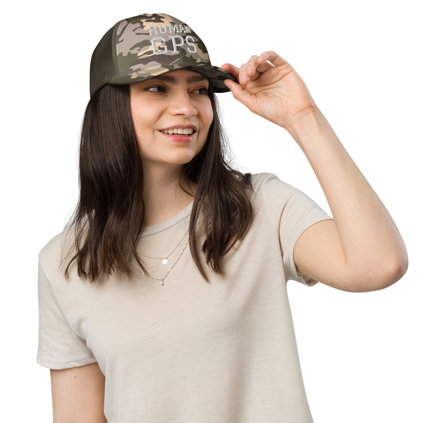 HUMAN GPS embroidered camo trucker hat