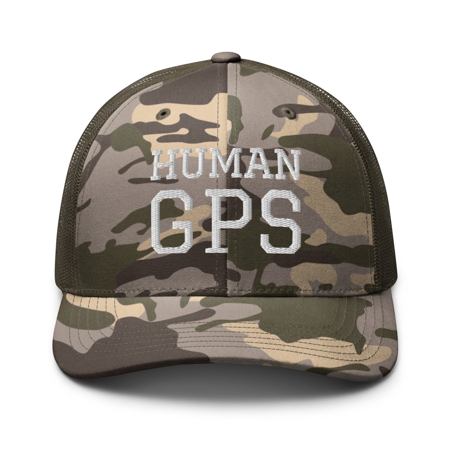 HUMAN GPS embroidered camo trucker hat