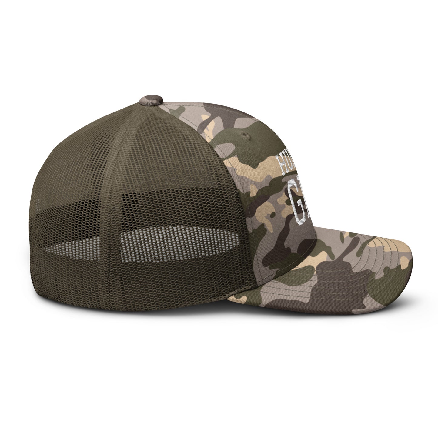 HUMAN GPS embroidered camo trucker hat