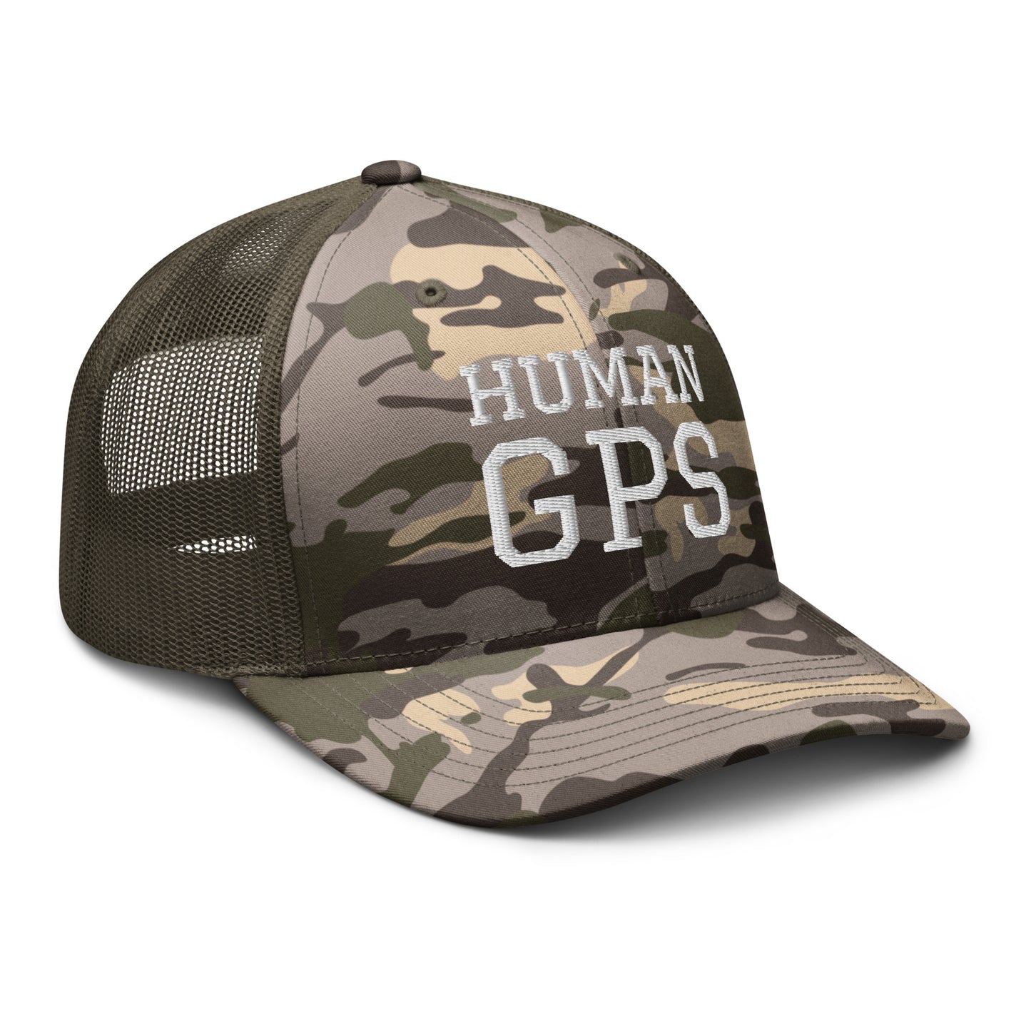 HUMAN GPS embroidered camo trucker hat