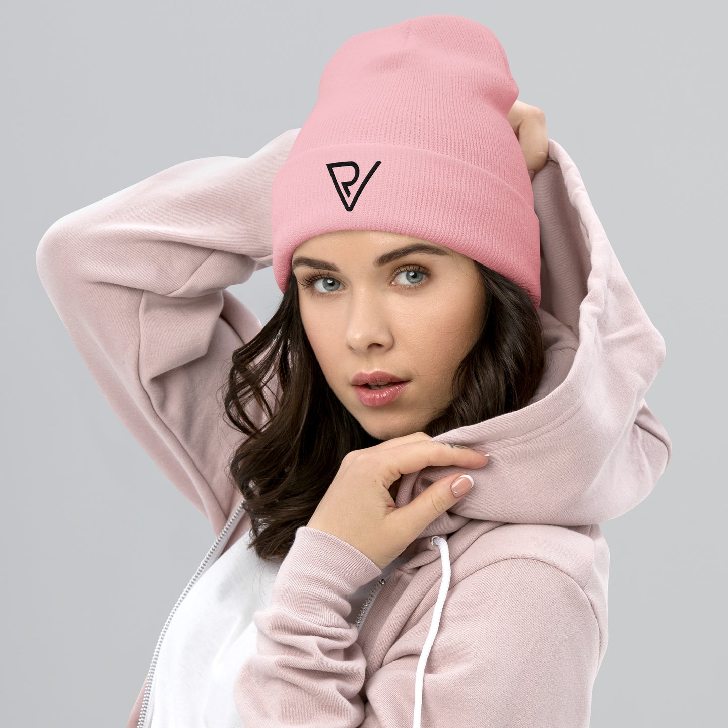 RV Embroidered Cuffed Beanie (gray-pink)