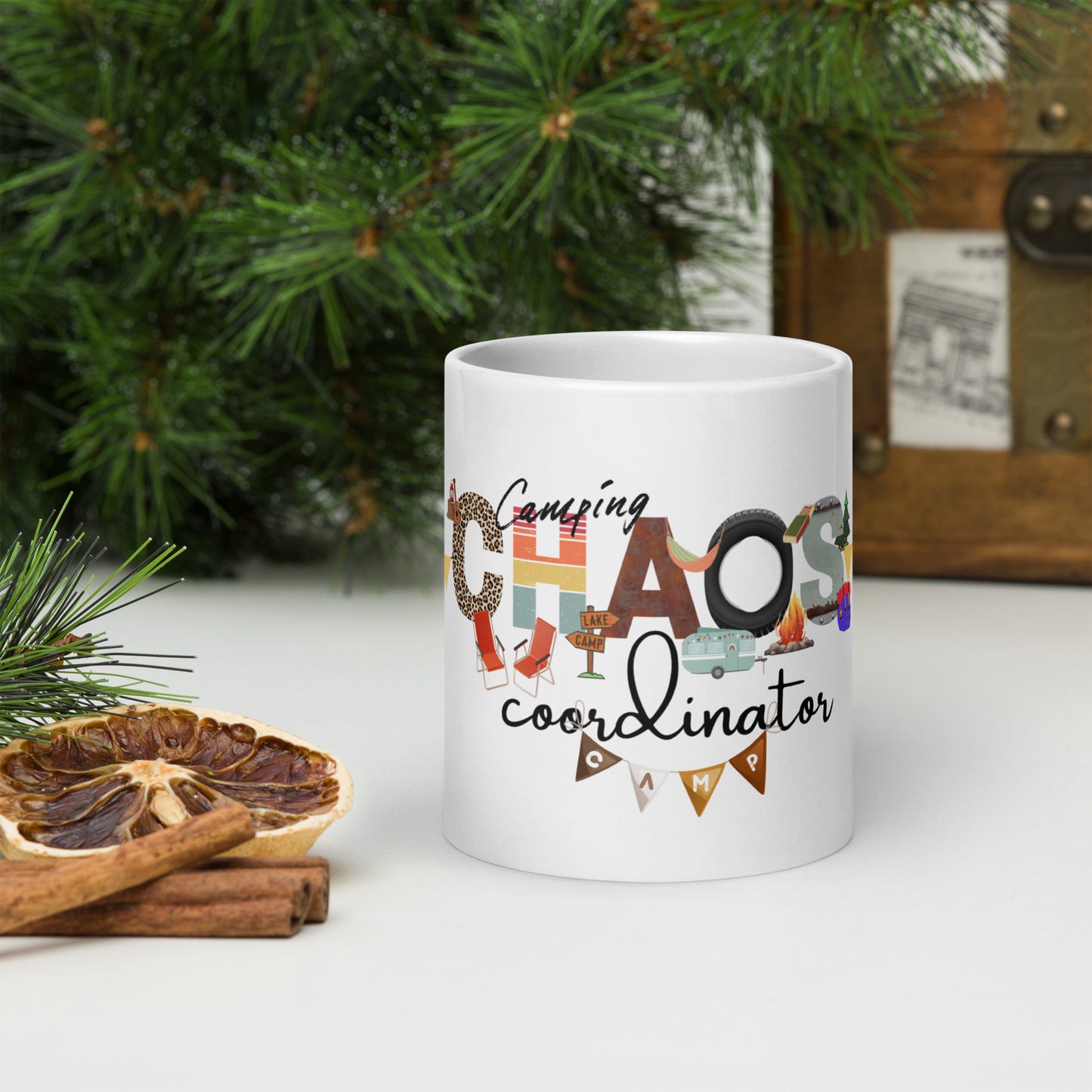 CAMPING CHAOS COORDINATOR white glossy mug