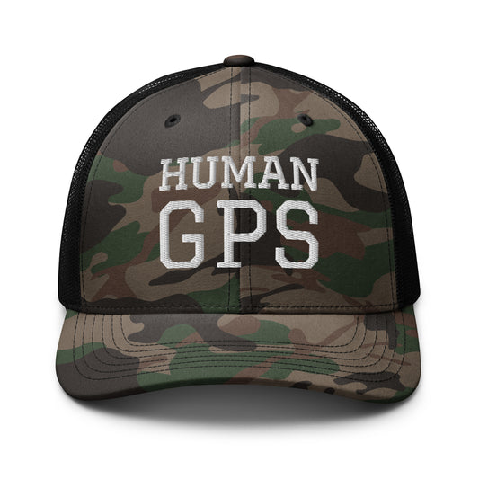 HUMAN GPS embroidered camo trucker hat