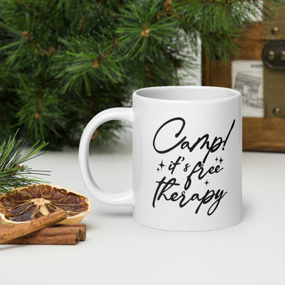 CAMP! IT'S FREE THERAPY white glossy mug